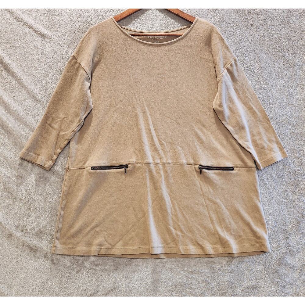 Soft Surroundings Womens Tan 3/4 Sleeve Moda Tunic Top Size XL Pockets Capsule